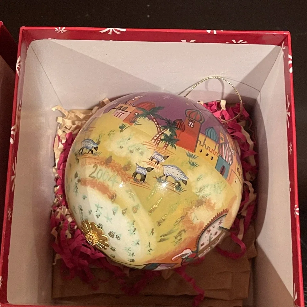 Vintage 2004 Pier 1 Li Bien Hand Painted Glass Christmas Ornament Bethlehem Deco